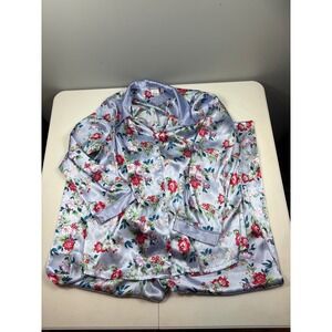 Vintage Enchanting 3 Pc Satin Polyester Floral Pajama Set Blue XL Top Tank Pants